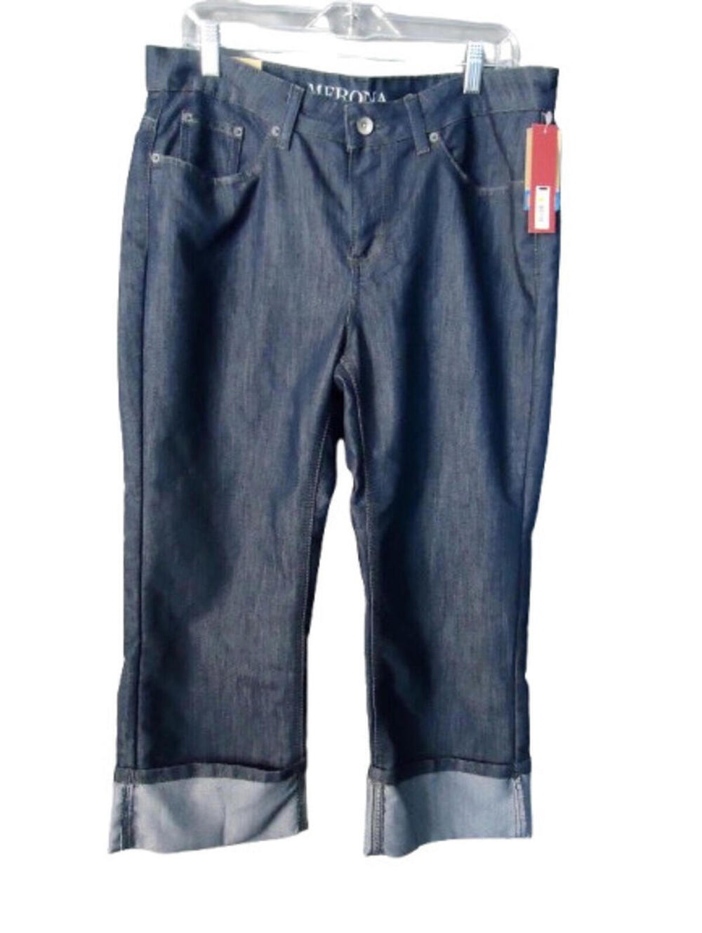 Merona Crop High Rise Wide Leg Cuffed Capri Jeans Denim Size 14R Fit 1 Dark Blue